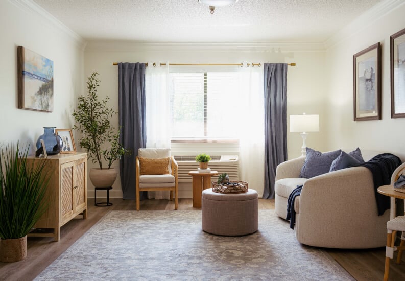 Sunlit Apartment Living Room With Soft Furnishings at Assisted Living Facility Sunlit Apartment Living Room With Soft Furnishings at Assisted Living Facility