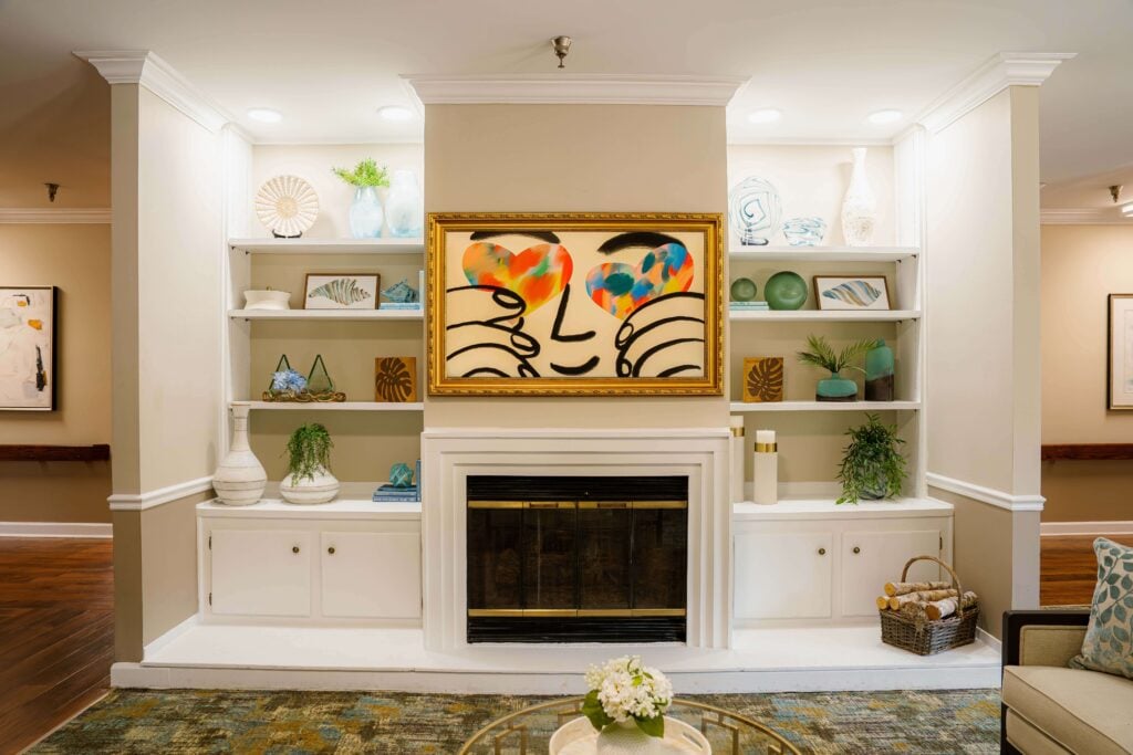 Decorative Fireplace With Built-in Display Shelving at Assisted Living Facility