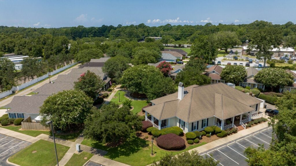 Aerial View of Tree-Lined Grounds and Independent Living Cottages